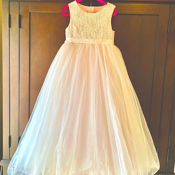 david's bridal blush pink dress David's Bridal Jewel Strapless Tulle Beaded Lace Blush Pink Wedding Dress